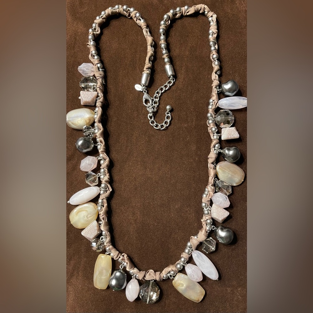 Chico’s ribbon wrapped silver necklace w/multicolored stones. Fun look 16”long.